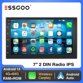 ESSGOO 7" Android 14 Car Radio Stereo Carplay GPS NAV 2 DIN 4+64G Bluetooth Wifi IPS FM