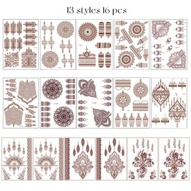 SNAIL GARDEN 16 Sheets Brown Red Temporary Tattoo Stickers, Durable Mandala Flower Fake Tattoo Stickers, Lace Tattoos for Hand, Finger, Arms, Back, Neck, Festival Tattoos for Women, Girls