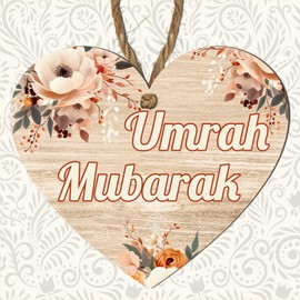 Eid Mubarak, Hajj Mubarak, Umrah Mubarak, and Bismillah Floral Heart Plaque - Islamic Hanging MDF Sign for Eid, Hajj, Ramadan Decor, Umrah Welcome Gift, Islamic Home Decor, (Umrah Mubarak)
