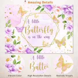 Ayayiya Purple Butterfly Baby Shower Backdrop Girls Baby Shower Decorations,Purple Floral Glitter Gold Butterfly Banner Photography Background for Princess Baby Shower Party Photo Booth Supplies 7x5ft