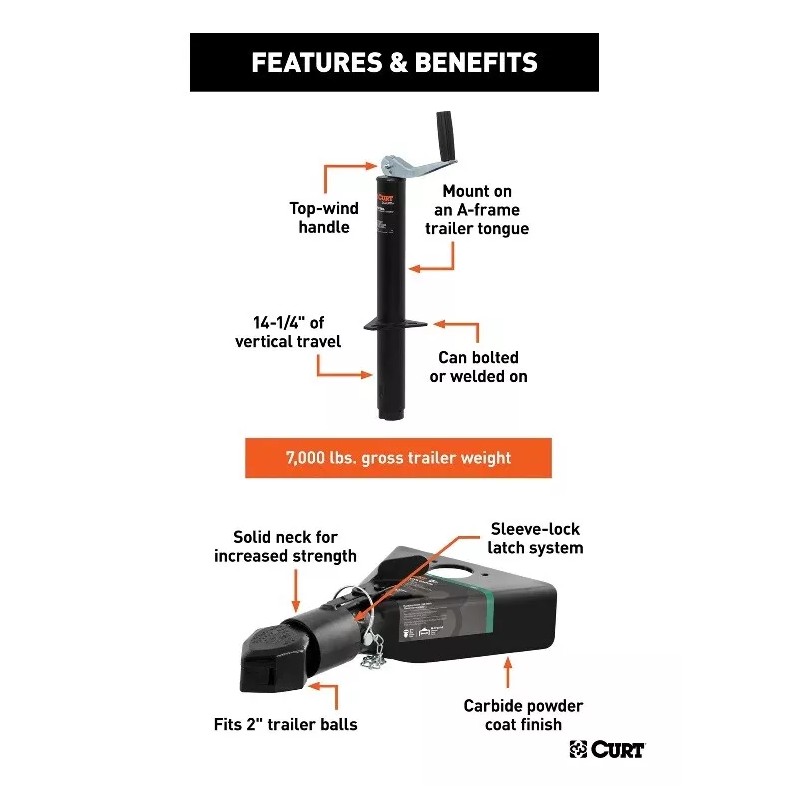 CURT 2K A-Frame Trailer Jack Top Handle w/ A-Frame Coupler