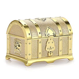 Hipiwe Vintage Metal Jewelry Box Treasure Trinket Chest,Smal Ring Earrings Necklace Keepsake Gift Holder Case for Girls Ladies Women, Gold,Small