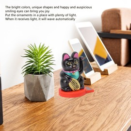 Lucky Cat Waving Arm, Solar Powered Waving Cat Japanese Maneki Neko Solar Fortune Cat with Waving Hand Paw up for Feng Shui Welcoming Beckoning Cat Statue Decoration(Black)