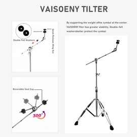 Vaisoeny Cymbal Stand，Double Braced Cymbal Stands，Adjustable Height 29.5" to 59",Cymbal Boom Stand for Mounting Crash, Ride and Splash Cymbals (V-XDJ003)