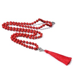 BALIBALI 108 Mala Beads Necklace Semi-Precious Gem Stones Meditation Necklace 108 Hand Knotted Japa Mala Beaded Tassel Necklace with Tree of Life Pendant (Red Turquoise)