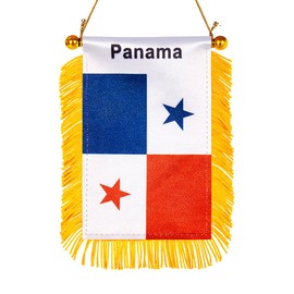 WXTWK 3 X 5 Inch Panama Flag Panamanian Window Hanging Flag Small Mini Car Flags Banners Rearview Mirror Decoration With Suction Cup Golden Fringy Banner