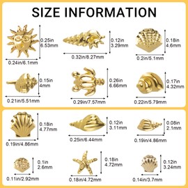 BEIQIYA 3D Metal Ocean Nail Charms, Starfish Seashell Manicure Art Decals, 12 Styles Nail Decor DIY Embellishments for Scrapbook Bookmarks Invitation- Gold