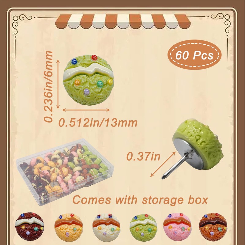 60Pcs Cute Mini Bread Push Pins Fun Food Thumb Tacks