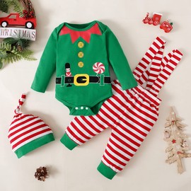 MoryGooder Baby Boy Christmas Outfit Baby Xmas Bodysuit Boy Elf Suspenders Outfit Set (Green,0-3 Months)