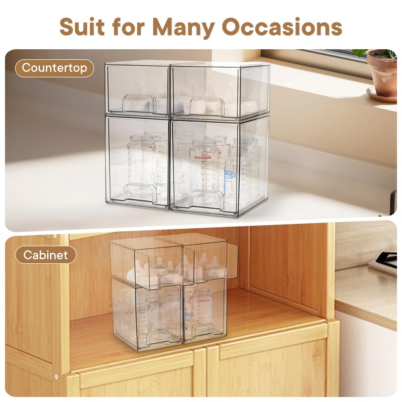 MINMUNJIU Baby Bottle Organizer, 4 Pack Clear Space-Saving Stackable Drawer