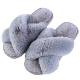 HIPRETTYUS Women's Cross Band Slippers, Soft Plush Faux Rabbit Fur Furry Cozy Open Toe House Indoor Slippers, Warm Comfy Slip On Breathable bedroom lady fluffy slippers