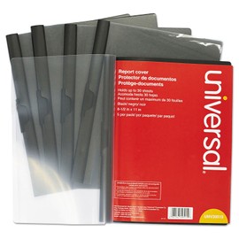 Universal 20515 Plastic Report Cover w/Clip, Letter, Holds 30 Pages, Clear/Black, 5/PK