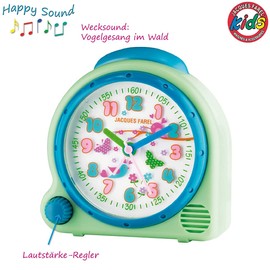 JACQUES FAREL HappySound Kinderwecker Soundwecker Hellgrün Mint mit Melodie Vogelgesang im Wald, Lautstärkeregelung Analog Quarz Licht AVC 16FOREST