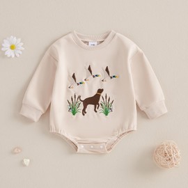 BULINGNA Newborn Baby Boy Duck Hunting Outfit Mallard Duck Bubble Romper Oversized Sweatshirt Onesie Fall Winter Clothes (Apricot, 0-3 Months)