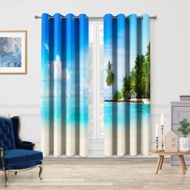 Jekeno Ocean Beach Blackout Curtains - Blue Sky Sea Tropical Decor, Summer Hawaii Palm Tree Theme Grommet Window Drapes for Bedroom Living Room, 42 Wide 54 Long inches, 2 Panel Set