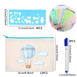 Pack of 12 DIY Blank Fabric Bags, Cosmetic Bags with Zip, Fabric Bag, Pencil Case, Small Fabric Bag, Fabric Bag for Painting with 4 Colouring Templates, 8 Colouring Pencils, Suitable for Children DIY