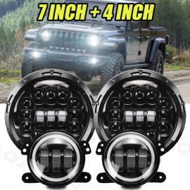 AQJ LED 7" Inch Round Headlight + Fog Light Kit Combo For Jeep Wrangler JK 07-2018