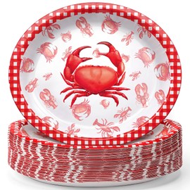 Havawish 25 Pcs Crab Oval Paper Plates 10" X 12" Disposable Red Gingham Crab Party Plates Lobster Tray Summer Seafood Boil Tableware Crawfish Dessert Platters for BBQ Picnic Cookout Decor