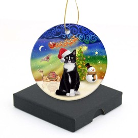 Christmas Ornament 2024-Cool Tuxedo Cat Round Christmas Tree Ornaments Keepsake Home Decor for Your Xmas Tree Ceramic Ornament 3" with a Gift Box
