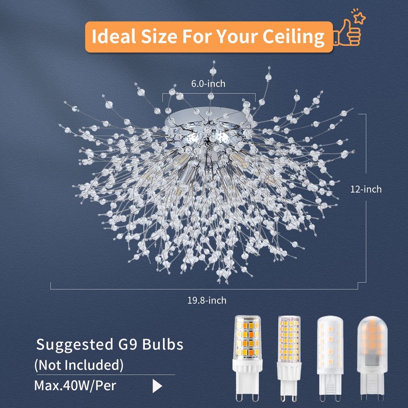 Chrome Firework Flush Mount Ceiling Light Fixture, Modern Crystal Sputnik