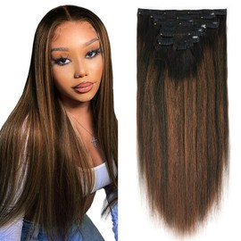 SixStarHair Yaki Straight Human Hair Clip ins 14 Inch 120G Yaki Straight Clip in Hair Extensions Real Human Hair for Black Women Rooted Black #1B Fading to Natural Black with Chocolate Brown 4# 7 Pcs