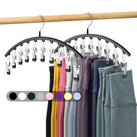 Volnamal Legging Organizer for Closet, Metal Yoga Pants Hangers 2 Pack w/10 Clips Holds 20 Leggings, Space Saving Hanging Closet Organizer w/Rubber Coated Closet Organizers and Storage, Black