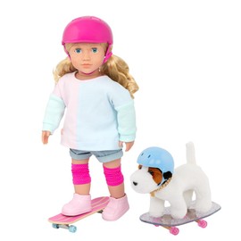 Our Generation Doll - Posable Pro Skater Pup - 6-inch Parson Russell Terrier Dog Plush & Skateboard