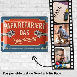 LANOLU Retro Blechschild Papa repariert das irgendwann - Schild Papa zum Vatertag - lustiges Geburtstagsgeschenk für Mann und Vatertagsgeschenk, 15x20cm