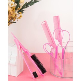 Aigee 25 Piece Hair Styling Set -5 Slick Back Hair Brushes,10 Topsy hair Tail Tools,5 Rat Tail Combs,5 Edge/Bristle Brushes,Hair Accessories for Women,Girls, Kids,Toddlers Sleek Ponytail/Bun (Pink)