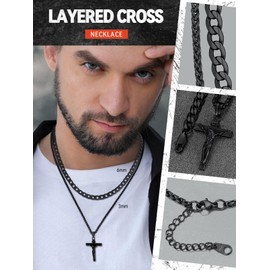 Black Crucifix Pendant Necklace for Men Jesus Christ Amulet Necklaces High Polished Stainless Steel Tarnish Resistant Waterproof Chains