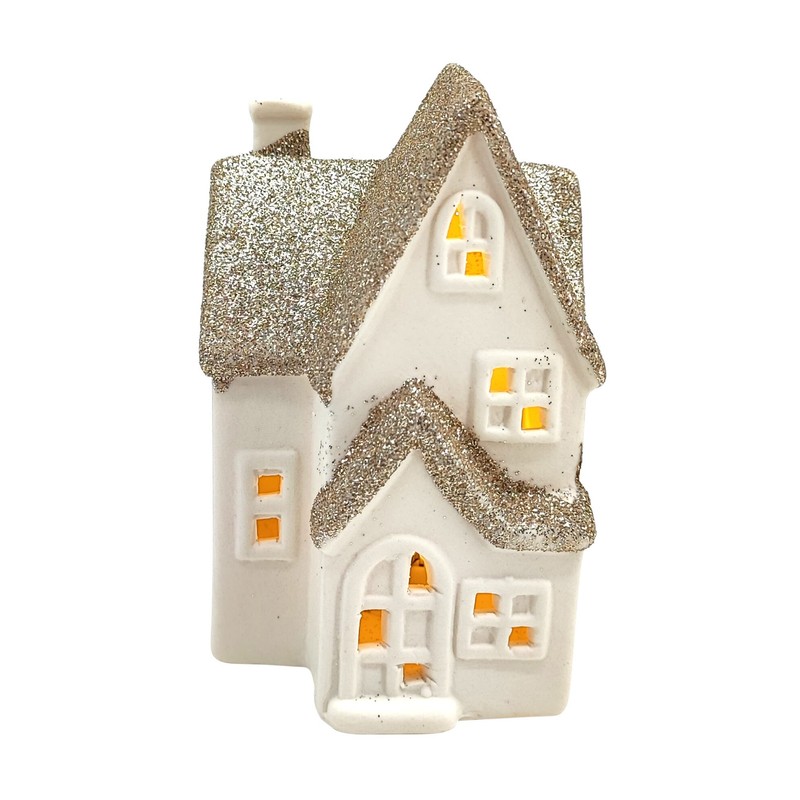 DARO DEKO Ceramic LED House - White Gold Glitter -