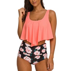 Vozobi Women's Tankini Swimsuits Two Piece Ruffle Flounce Top High Waisted Bottom Bikini Sets Tummy Control Bathing Suit