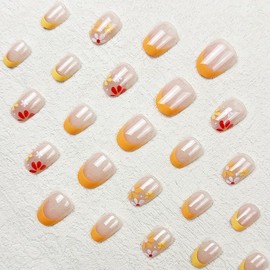 French Tip Press on Nails Short Square Fake Nails Spring Flower Stick on Nails Nude Glue on Nails Cute Nails Glossy Full Cover Artificial Acrylic False Nails Reusable Nails Kit for Women Girls 24Pcs