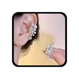 Cybche Vintage Pearl Earrings Silver Pearl CZ Earrings Crystal Star Cuff Earrings Pearl Cartilage Earrings CZ Star Earrings Pearl Crawler Earrings Jewellery for Women, Zinc, No Gemstone
