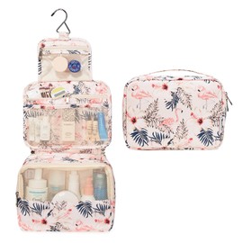 Travel Hanging Toiletry Wash Bag Makeup Cosmetic Organizer for Women Waterproof (Beige Flamingo)