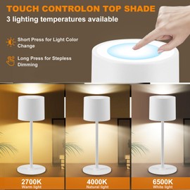 BKZO 2 Pack Rechargeable Table Lamps, Battery Powered LED Desk Lamp, 3 Color Stepless Dimming Up, Portable Table Light for Bedroom/Couple Dinner/Desk/Cafe/Dining Room/Terrace,Waterproof & Wireless