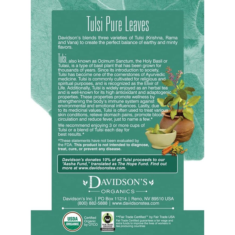 Davidson's Organics, Tulsi Pure Leaves, 8-count Tea Bags, Pack of