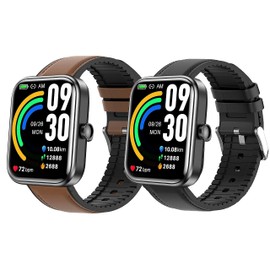 Lamshaw Compatible with TOZO S3 Smart Watch Band Band, Leather Silicone Breathable Replacement Smartwatch Strap Wristband Compatible for TOZO S3, S5 Smart Watch (2 PACK-Black+Brown)
