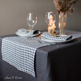 Linen & Cotton Rustic Table Runner Estella - 100% Linen, White Grey (40 x 100 cm) Small Chequered Washable Table Linen Decoration for Home Country Cottage Dining Coffee Table Spring Easter Feast