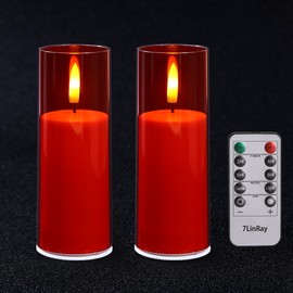 7LinRay 2" X 6" Realistic Flickering Flameless Candles Battery Operated Candles with Remote and Timer, Acrylic Red LED Flameless Pillar Candles for Christmas, Home, Wedding, Party, 2 Pack