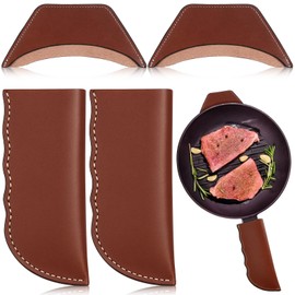 Baderke 4 Pcs Leather Cast Iron Handle Cover Handmade Leather Heat Resistant Skillet Handle Set Pot Holder for Hot Frying Pans, Pots(Dark Brown)