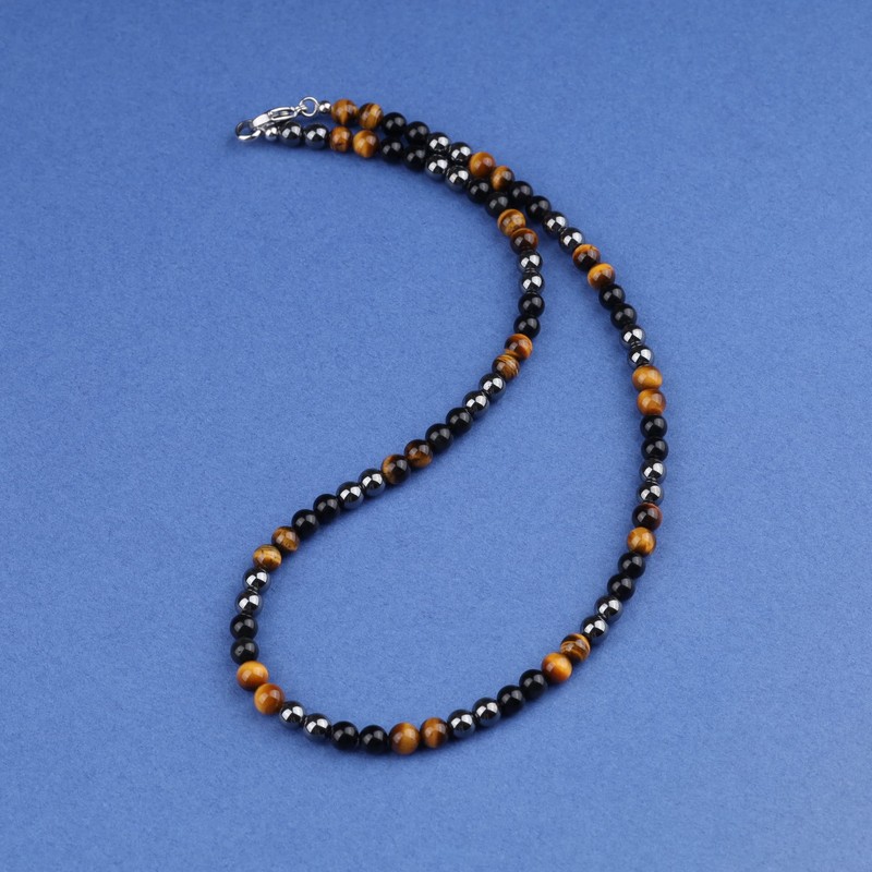 GAVU Men's Triple Power Stone Hematite Tiger Eye Obsidian Necklace,