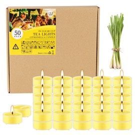 50 Pcs Citronella Tealight Candles in Clear Cup, Summer Yellow, Outdoor and Indoor Citronella Candle for Balcony, Garden, Porch Patio, 4 Hour Burn Time