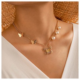 Inilbran Boho Butterfly Pendant Necklace Gold Pearl Choker Necklace Large 3D Butterfly Necklace Choker Vintage Pearl Chain Choker Necklace for Women and Girls