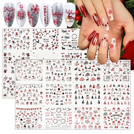 24Sheets Christmas Nail Art Stickers Christmas Self Adhesive Nail Decal Red Candy Cane Stripes Santa Claus Christmas Tree Elk White Snowflake Nail Design for Acrylic Nail Decoration Manicure Tip
