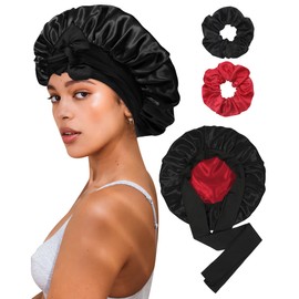 Reversible Satin Bonnet for Sleeping Women Silk Bonnet Double Layer Hair Bonnet with 2PCS Hair Scrunchies Elastic Tie Band Night Cap Hair Wrap for Natural Curly Hair (Black+Red)