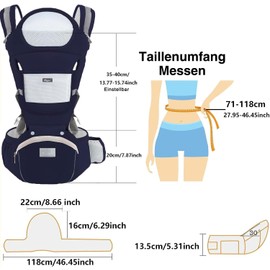 TOFFCAEA 6-in-1 Babytrage Neugeborene, Babytrage Ergonomische Reine Baumwolle Leicht, verstellbarer Sitz, für Neugeborene von 3 bis 36 Monate (3,5 bis 20 kg)(Dunkelblau Taillenumfang 71-118cm)