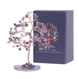 Pretty Jolly 7 Chakra Healing Stones Purple Crystals Tree of Life Positive Energy Gemstone Money Tree Spiritual Meditation Reiki Gifts with Agate Slice Base for Home,Office,Desk Feng Shui Décor