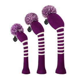 Scott Edward Knitted Golf Club Head Covers for Woods 3Pcs Set Golf Driver (460CC) Fairways and Hybrid/UT with Rotating Number Tags(Purple Stripes)