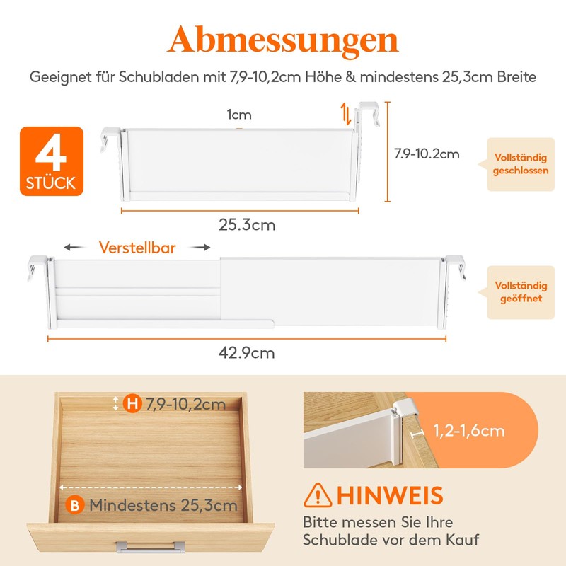 Lifewit Set of 4 Hanging Drawer Dividers, Adjustable, 8 cm
